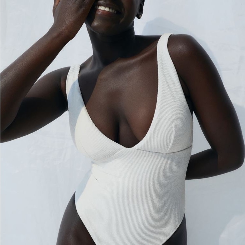 H&M White Ribbed Deep-V One-Piece Swimsuit (L, 12-14)
